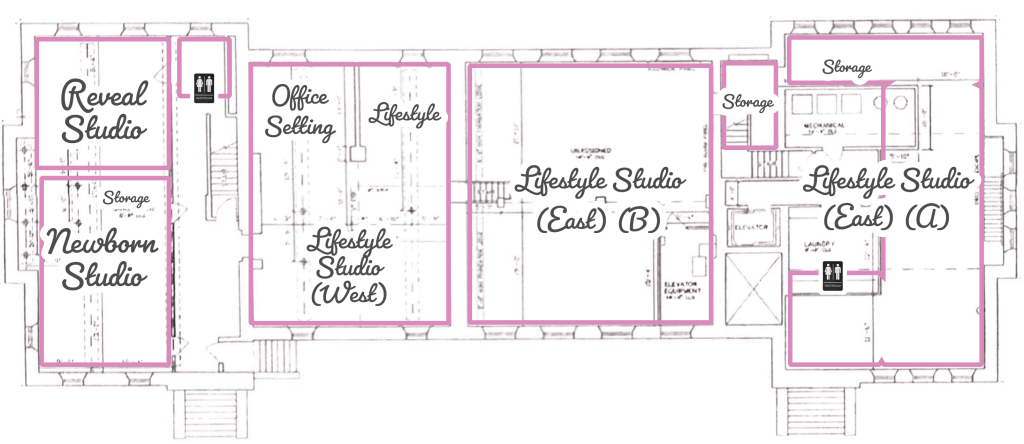 Studio 1912 floor plan showing East and West studio zones
