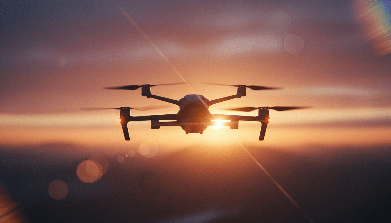 A drone flying against a sunset, symbolizing creativity and perspective in photography.