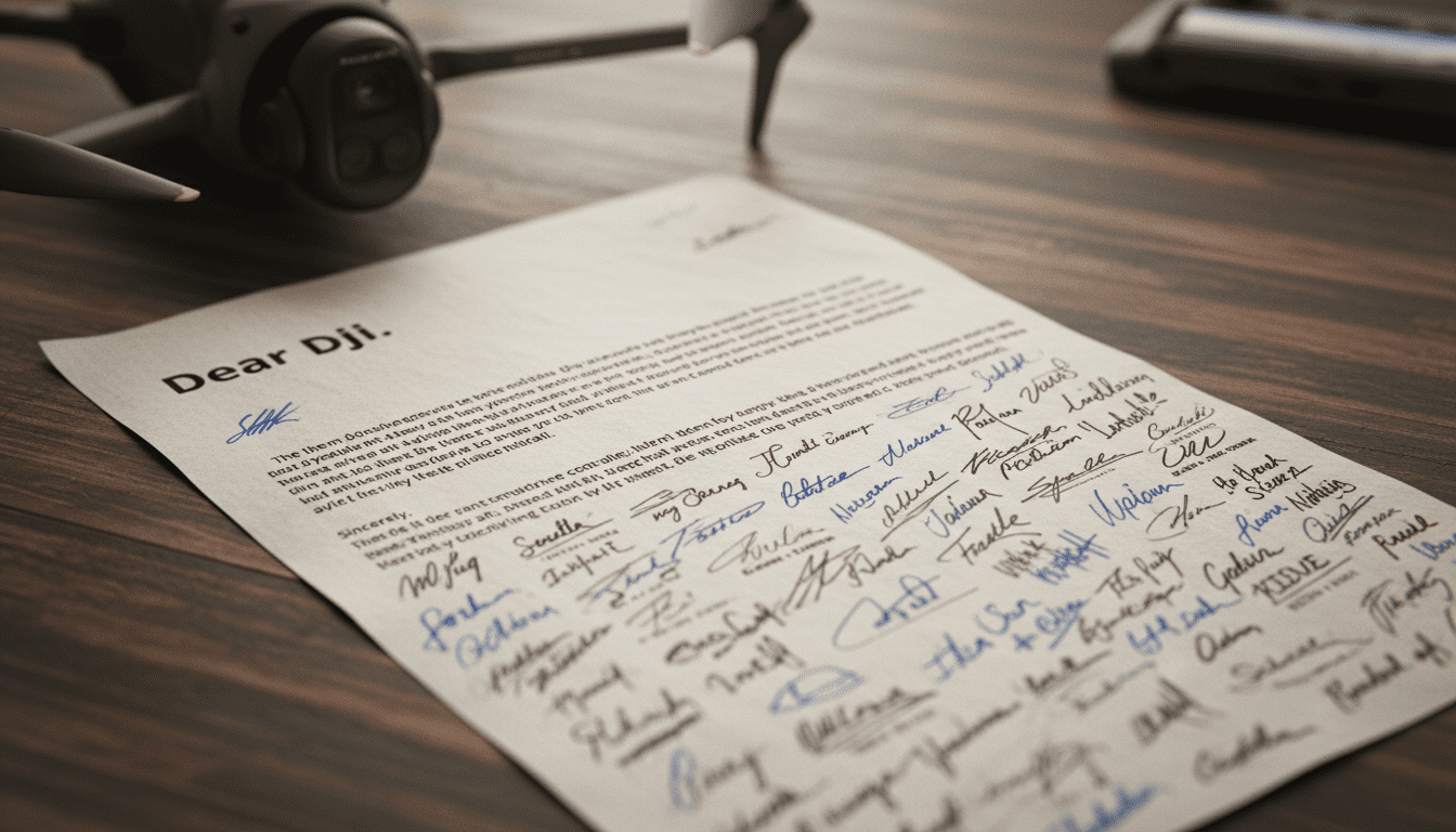 A handwritten letter addressed to DJI, featuring multiple signatures, placed on a wooden surface beside a drone.