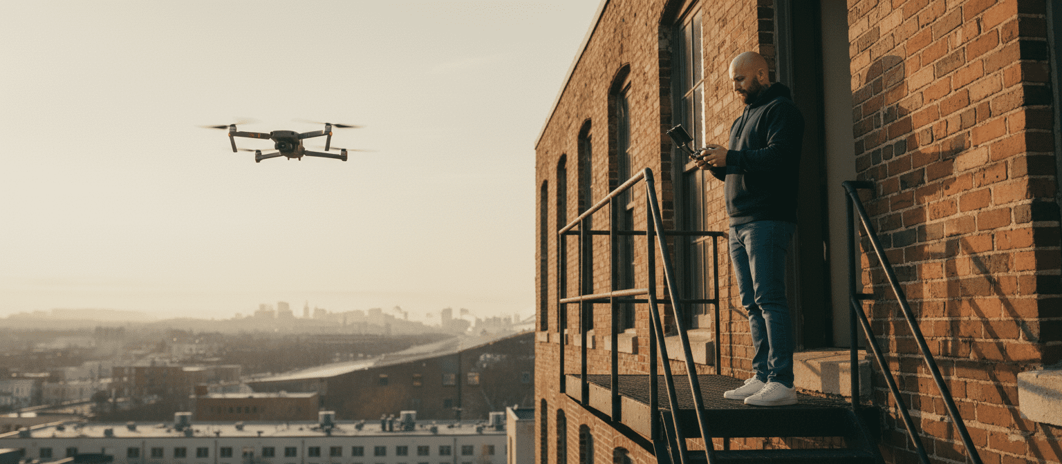 A person standing on a balcony of a brick building, controlling a drone flying in the sky.